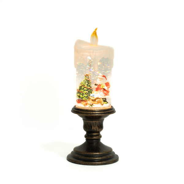 Holiday decorations, beautiful christmas snowglobe candle with lights and music, santa with reindeers by Sona Casa