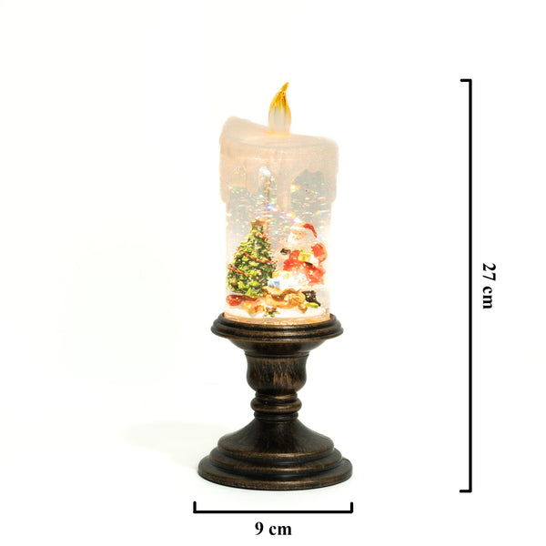 Holiday decorations, beautiful christmas snowglobe candle with lights and music, santa with reindeers by Sona Casa