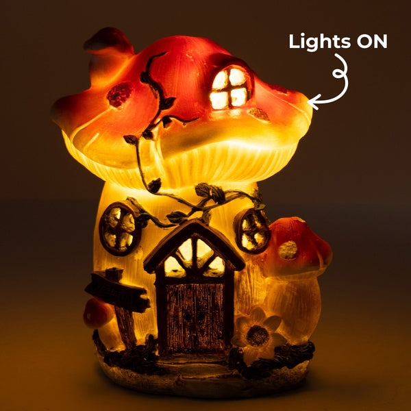 Enchanted Red & White Polyresin Mushroom House Solar Light, Whimsical Outdoor Garden Decor & Fairy Statue by Sona Casa