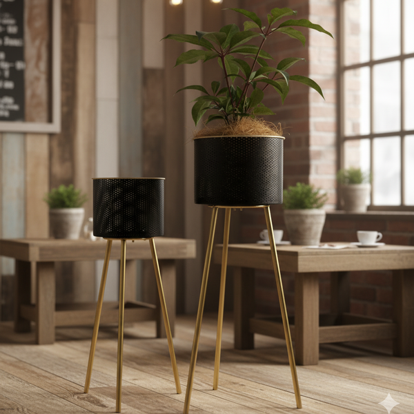 Modern Black Metal Plant Pot, Set of 2 Planters, Gold Tripod Stand, Indoor Outdoor Gift Decor for Home or Office-Sona Casa