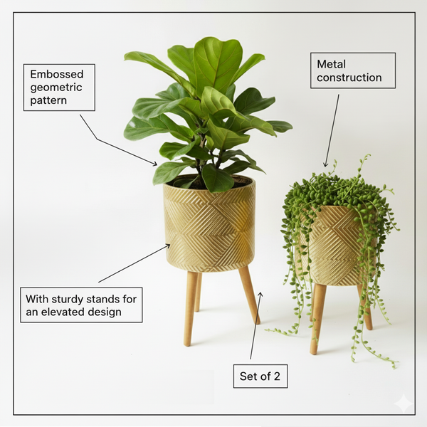 Rustic Gold Foil Metal Plant Pots Set with Stand for Fresh or Artificial Plants, Indoor Home Office Decor, Gifts-Sona Casa