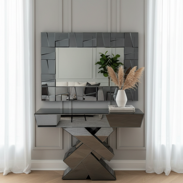 Large Mirror Glass Console Table Grey, Elegant Modern Decor for Entryway, Living Room & Office-Sona Casa