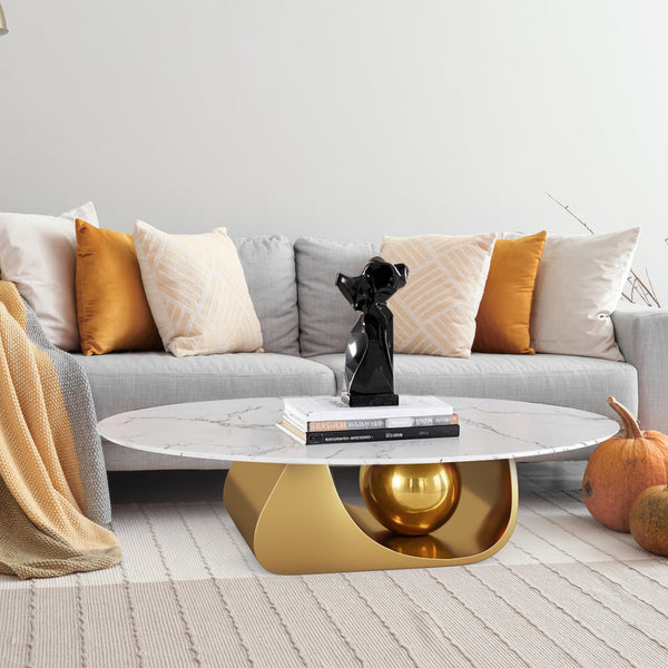 Designer Oval Coffee Table 47" White Marble Top, Golden Metal Ball Base, Centerpiece by Sona Casa