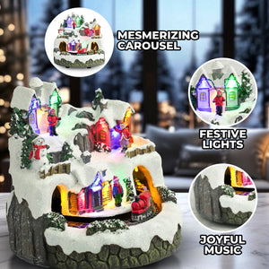 Illuminated Musical Christmas Village Set With Animated Carousel, Train Station & Figurines, LED Light-Up White Houses, Holiday Tabletop Decor by Sona Casa