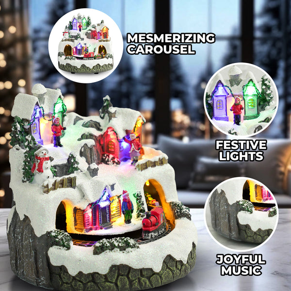 Illuminated Musical Christmas Village Set With Animated Carousel, Train Station & Figurines, LED Light-Up White Houses, Holiday Tabletop Decor by Sona Casa