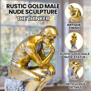 Rustic Gold Male Nude Sculpture, Auguste Rodin's The Thinker Gold Decor for Home or Office 10 inch 24 cm by Sona Casa