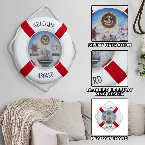 Lifebuoy Wall Clock, 14" Silent Non Ticking, Nautical Living Room Decor by Sona Casa