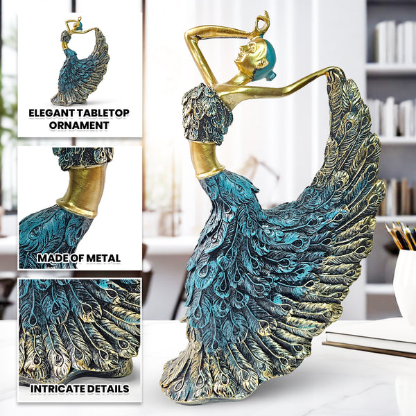 Peacock Feather Dancing Lady Figurine, Ballerina Statue, 11" Shelf, Mantle, Table, Desk Decor Centerpiece by Sona Casa