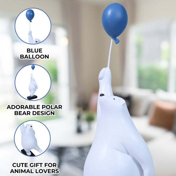Polar Bear Sculpture, 12" Funny Animal Statue, Blue Balloon, Unique Gift by Sona Casa