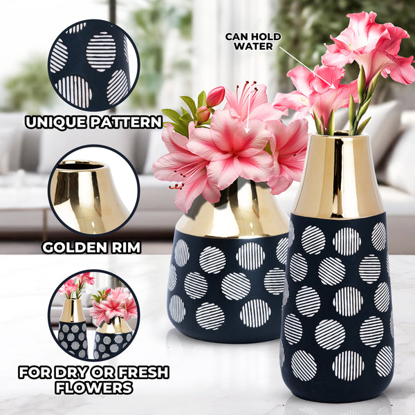 Black Ceramic Tulip Vase, Abstract, Golden Rim, 8" and 13" Table Vase Pair by Sona Casa