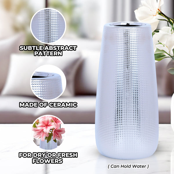 Silver and Chrome 10" Ceramic Vase Tabletop, Desktop, Countertop, Living Room Centerpiece, Home Office Decor Gifts by Sona Casa