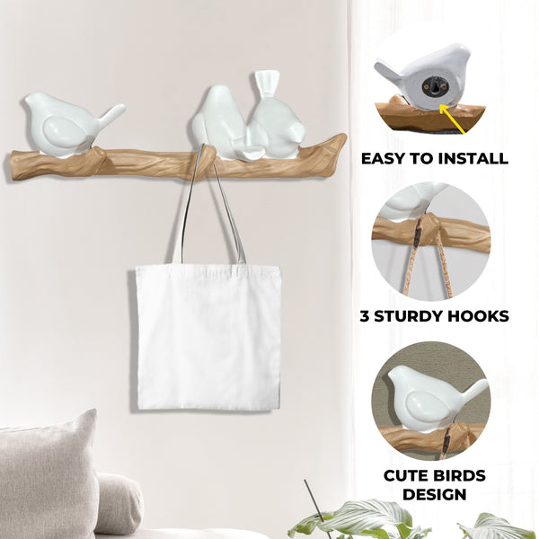 3-Hook Bird Polyresin Wall Hanger, 13" Coats, Hats, Towels Hanger Organizer by Sona Casa