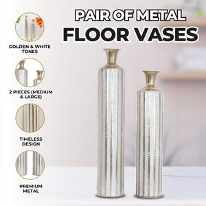2 Piece Rustic Metal Floor Vases, Tall Vases, Golden White Distressed Design, Rustic Decorative Vase for Home, Indoor Decor Large 33 inch 83 cm Medium 27 inch, 70 cm by Sona Casa