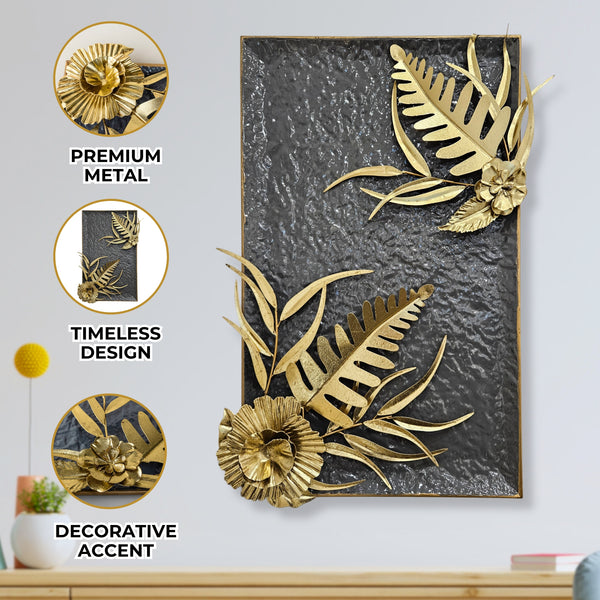 Large Metal Wall Art, 27" Floral Wall Decor, Gray Gold Home Office Decor by Sona Casa