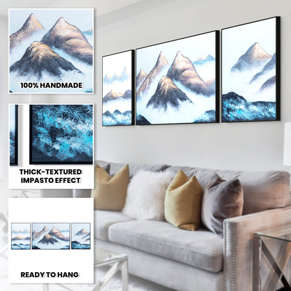 Impasto Mountain Scenery Set of 3 Wood Canvas Art, 28" Thick Textured by Sona Casa