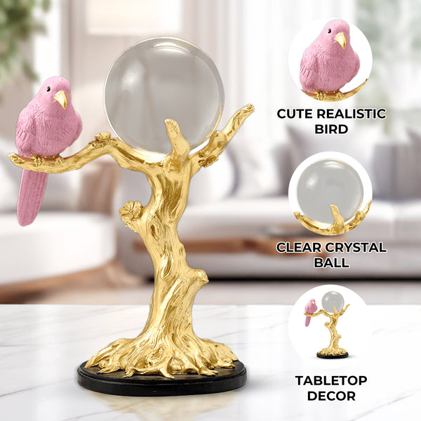 Decorative Sculpture Tabletop Crystal Ball and Bird on Tree, 9" Centerpiece by Sona Casa