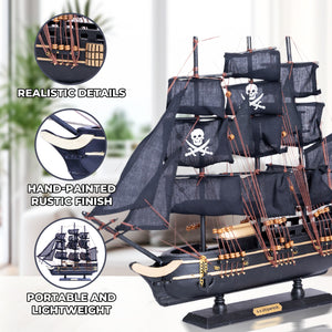 Black Wooden Pirate Ship Model With Realistic Cloth Sails - Nautical Coastal Decor For Home by Sona Casa
