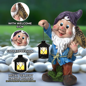 Welcome Gnome Statue with Metal Tealight Candle Holder, Outdoor Polyresin Gnome Lawn Garden Decor with Purple Hat, Large, 16 inch 40 cm by Sona Casa