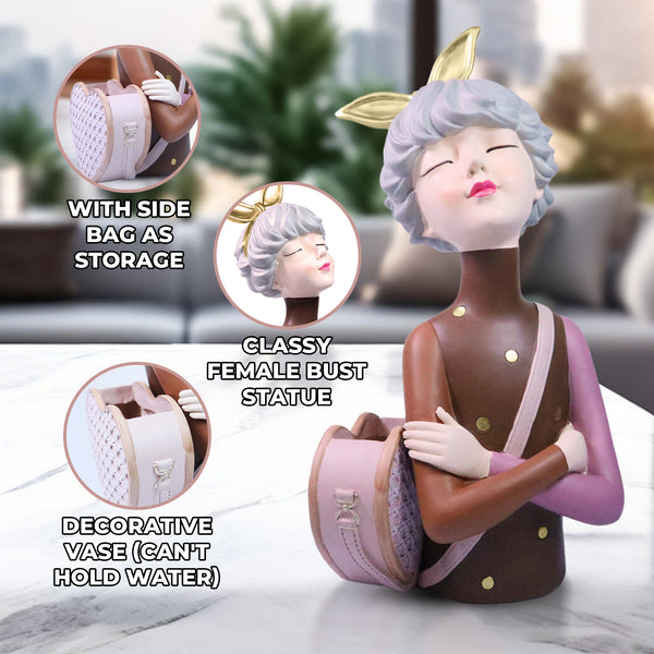 Classy Female Bust Statue Storage and Vase in One, Makeup Organizer, Small Items Storage, Vanity Table Decor, Ladies Gift Brown Polyresin 14 inch 34 cm by Sona Casa