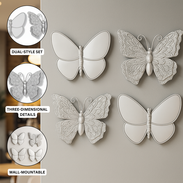 4 Piece Silver Butterfly Wall Decor Set, 3D Wall Sculpture & Mirrored Accents, Modern Glam Home Decor for Bedroom, Living Room, Nursery-Sona Casa