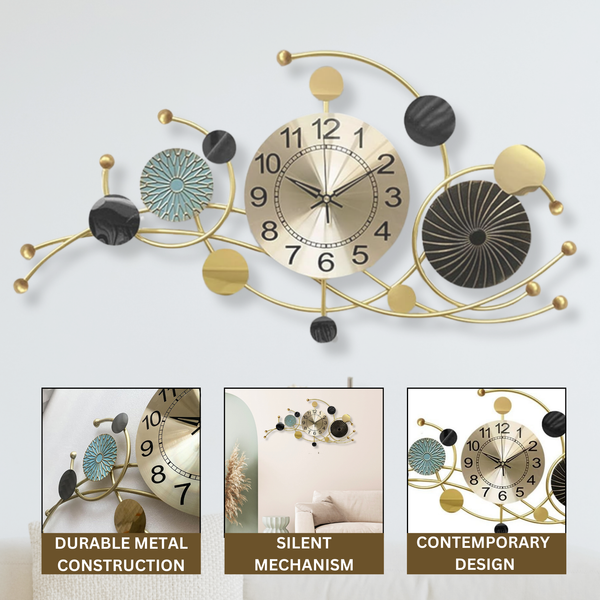 Gold Silent Wall Clock for Home or Office, 31" Wide Metal Battery Operated Clock, Modern Abstract Oversized Wall Decor by Sona Casa