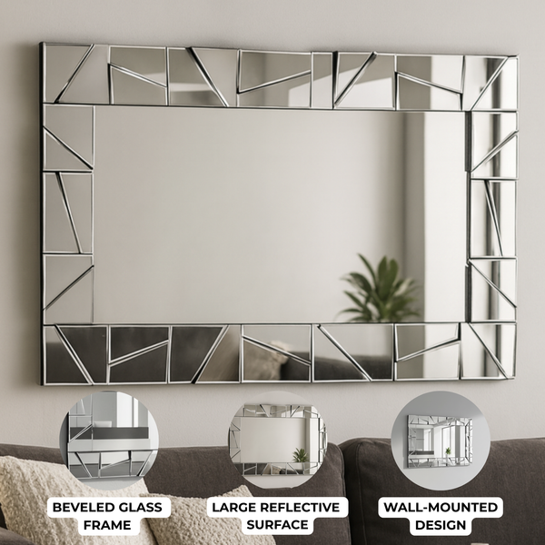 Extra Large 4 ft Silver Glass Mirror, Modern Block Design, Easy to Install Horizontal Vertical Orientation-Sona Casa