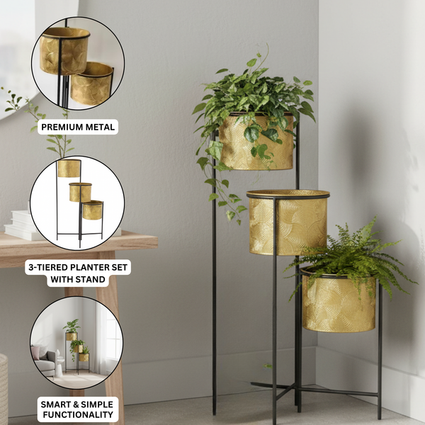 3-Tier Vertical Plant Stand, 32" Gold Metal Planters for Indoor Plants, Rustic Farmhouse Decor for Living Room & Corner-Sona Casa