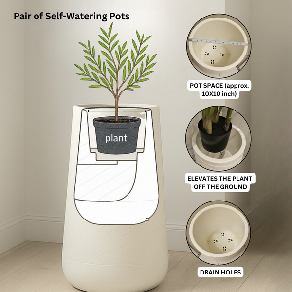 Set of 2 Tall White Indoor Decorative Planter, Modern Contemporary Self Watering Pot Home, Porch, Patio Decor Gifts-Sona Casa