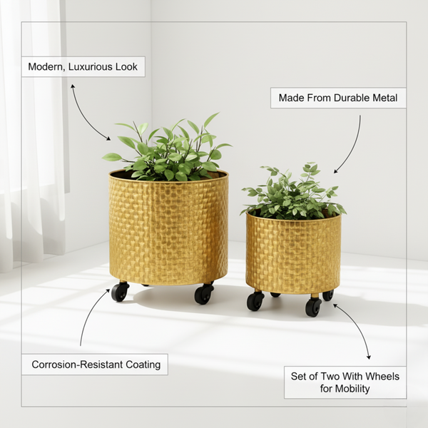 Golden Metal Foil Planter Set with Drain Plug, Indoor Plant Pot with Wheels for Fresh or Faux Plants Home Decor Gift-Sona Casa
