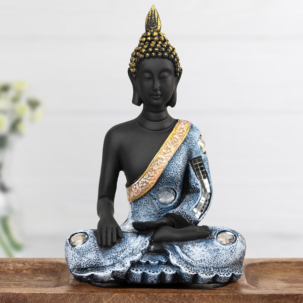 Small Buddha Statue, 8" Black Meditating Decorative Desk Sculpture, Living Room Home Office Zen Decor, Spiritual Gifts by Sona Casa