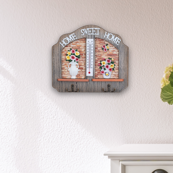 Farmhouse Wooden Key Holder Rack with Thermometer & 2 Double Hooks, Beige 10" Home Entryway Decoratiive Key Hangers, Decor Gifts by Sona Casa