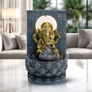Indoor Waterfall with Golden Ganesha Statue, Lights, Crystal Ball, Polyresin Tabletop Fountain, Desktop Water Fountain, Home or Office Decor 12 inch 31 cm by Sona Casa