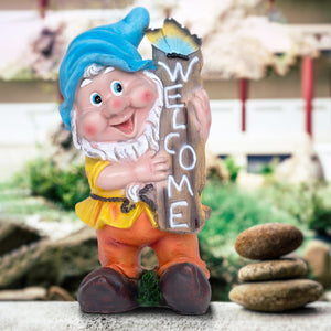 Welcome Gnome Garden Statue, 13" Patio Porch Lawn Ornament by Sona Casa