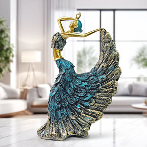Peacock Feather Dancing Lady Figurine, Ballerina Statue, 11" Shelf, Mantle, Table, Desk Decor Centerpiece by Sona Casa