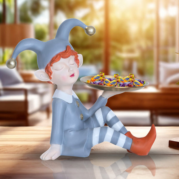 Tabletop Metal Tray Organizer, 11" Resin Clown Elf Statue, Table Desk Shelf Sculpture, Home Office Decorations, Gifts by Sona Casa