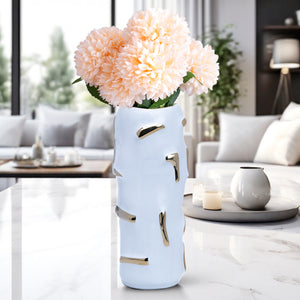 White Ceramic Vase, Golden Accent, Fresh or Faux Flowers, 12" Table Decor by Sona Casa