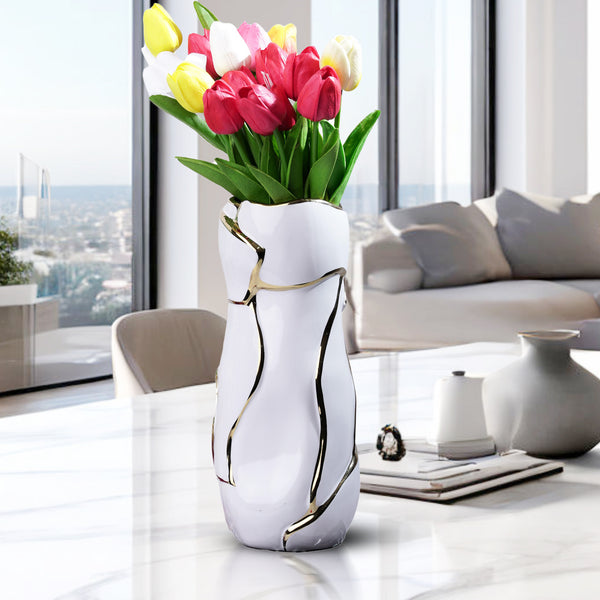 Abstract White Ceramic Golden Lines Vase - Elegant Table Centerpiece For Fresh & Faux Flowers by Sona Casa
