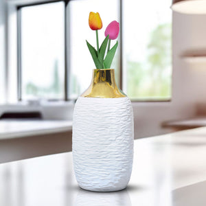 White Ceramic Vase, Golden Rim, 12" Abstract Tabletop Decor by Sona Casa
