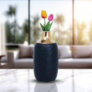 Black Ceramic Minimalist Vase With Golden Rim, 12" Modern Flower Vase by Sona Casa