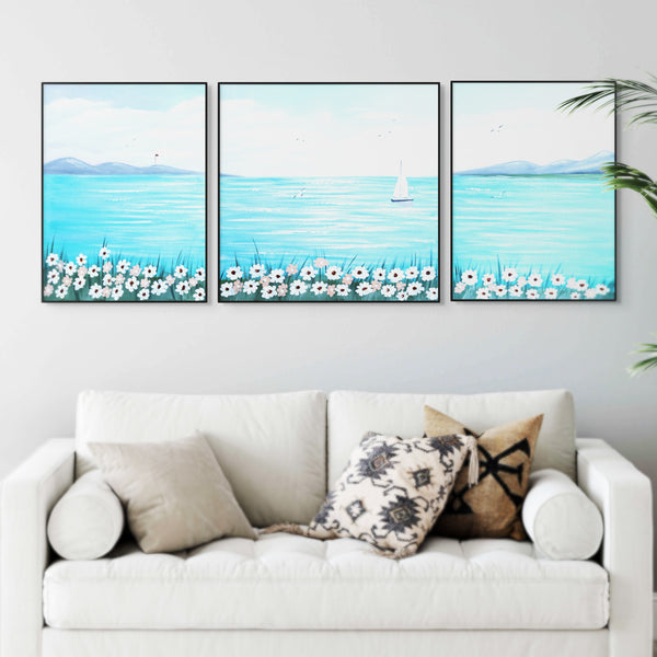 Handmade Blue Lake, Boat Canvas, 79" Wide Wall Art Painting Decor by Sona Casa