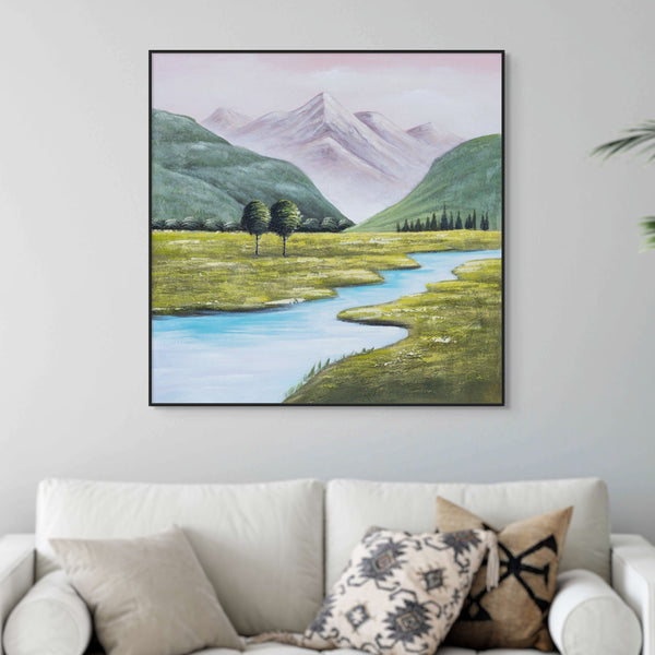 Mountain Creek Impasto Canvas, 31" 3D Textured Wood Framed Landscape Art by Sona Casa