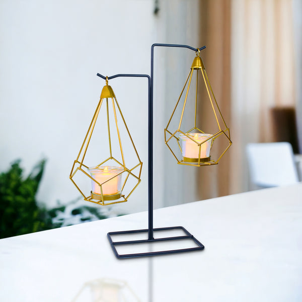 Gold Candle Holder, Metal Frame, 2 Glass Containers, 14" Home Decor by Sona Casa