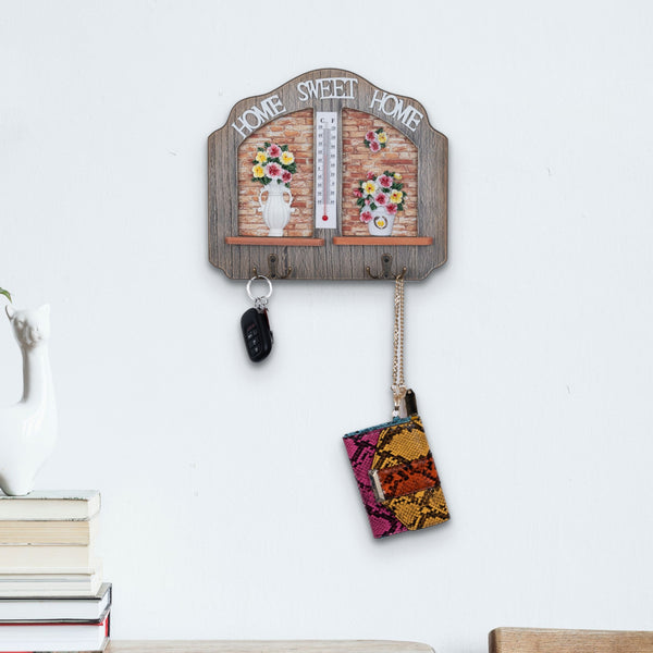 Farmhouse Wooden Key Holder Rack with Thermometer & 2 Double Hooks, Beige 10" Home Entryway Decoratiive Key Hangers, Decor Gifts by Sona Casa