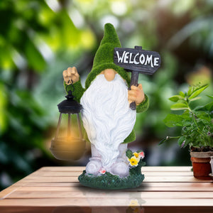 Welcome Gnome with Solar Powered Garden Lamp, Green White, Polyresin Lawn Gnome Statue, Patio Statue 13 inch 33 cm by Sona Casa