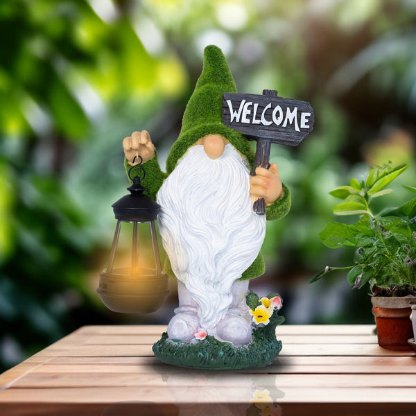 Welcome Gnome with Solar Powered Garden Lamp, Green White, Polyresin Lawn Gnome Statue, Patio Statue 13 inch 33 cm by Sona Casa