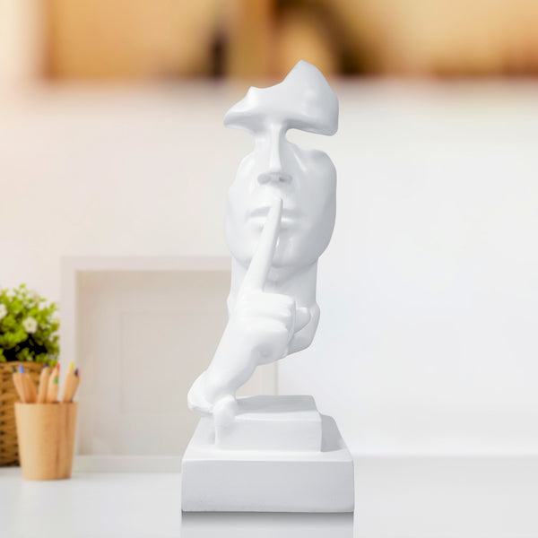 White Abstract Silence is Golden Silence Face Thinker Statue, Polyresin Artwork for Home or Office 12 inch 31 cm by Sona Casa
