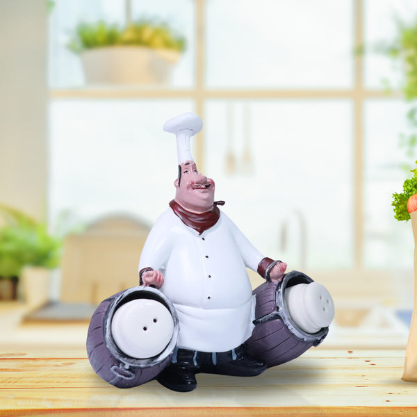 Polyresin Chef Statue, 2 Ceramic Pretzel Shakers, 7" Kitchen Decor by Sona Casa