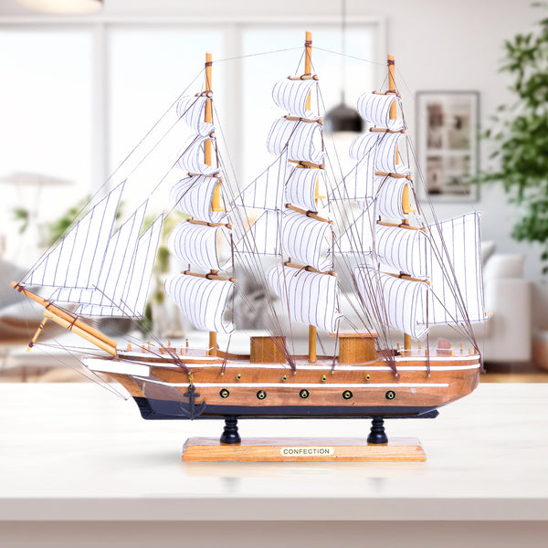 Brown And White Wooden Ship Model With Realistic Cloth Sails, Marine-Inspired Decoration For Nautical Charm by Sona Casa