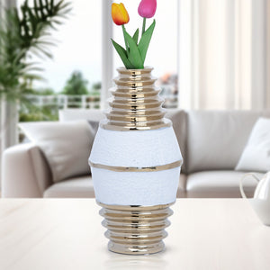 White Ceramic Tulip Vase, Golden Rims, 11" Modern Table Desk Shelf Centerpiece Decor, Unique Gifts by Sona Casa