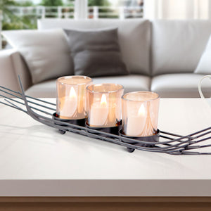Black Metal Decorative Tealight Candle Holder, 15" Wide, 3 Glass Containers, Modern Abstract Design, Unique Gifts by Sona Casa